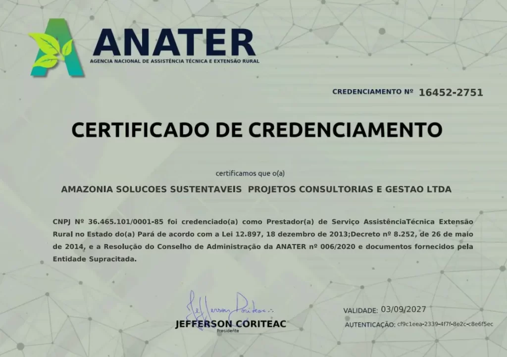 CERTIFICADO DE CREDENCIAMENTO PELA ANATER PG7 PROJETO E GESTÃO